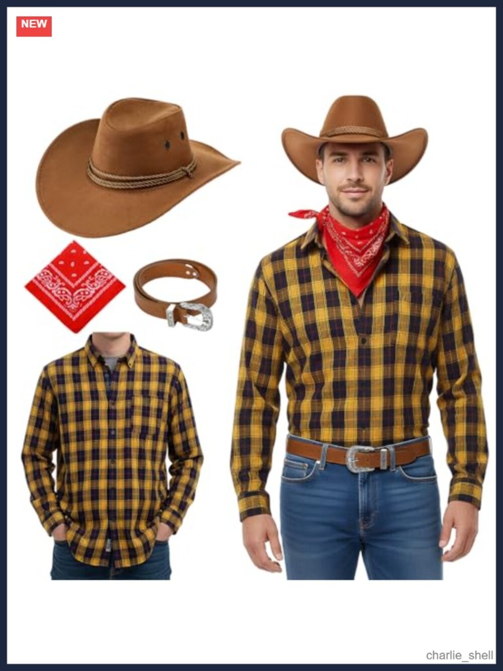 Cowboy Costume Set: Faux Suede Hat, PU Leather Belt, Cotton Bandana, Flannel